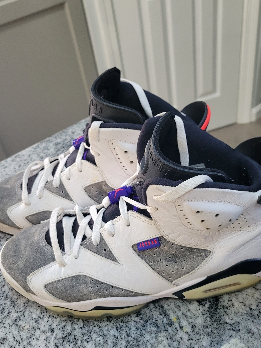 Jordan Retro High-Top Sneakers in White, Gray, Black & Purple